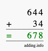 Calculate 644 + 34 using long addition