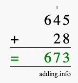 Calculate 645 + 28 using long addition