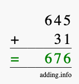 Calculate 645 + 31 using long addition