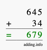 Calculate 645 + 34 using long addition