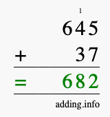 Calculate 645 + 37 using long addition