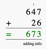 Calculate 647 + 26 using long addition