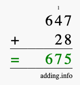 Calculate 647 + 28 using long addition