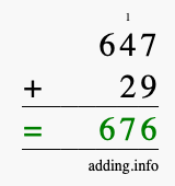 Calculate 647 + 29 using long addition