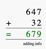 Calculate 647 + 32 using long addition