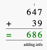 Calculate 647 + 39 using long addition