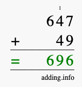 Calculate 647 + 49 using long addition