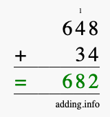 Calculate 648 + 34 using long addition