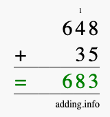 Calculate 648 + 35 using long addition