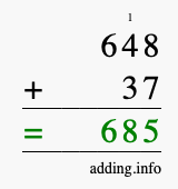 Calculate 648 + 37 using long addition