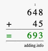 Calculate 648 + 45 using long addition