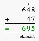 Calculate 648 + 47 using long addition