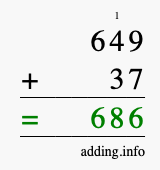 Calculate 649 + 37 using long addition