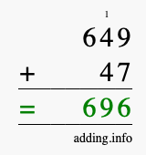 Calculate 649 + 47 using long addition
