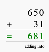 Calculate 650 + 31 using long addition