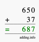 Calculate 650 + 37 using long addition