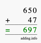Calculate 650 + 47 using long addition