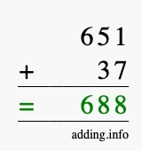 Calculate 651 + 37 using long addition