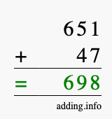 Calculate 651 + 47 using long addition