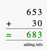 Calculate 653 + 30 using long addition