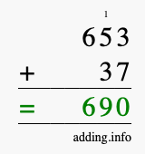 Calculate 653 + 37 using long addition