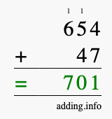 Calculate 654 + 47 using long addition