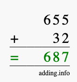 Calculate 655 + 32 using long addition