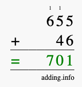 Calculate 655 + 46 using long addition