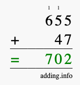 Calculate 655 + 47 using long addition