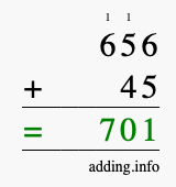 Calculate 656 + 45 using long addition