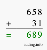 Calculate 658 + 31 using long addition