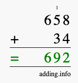 Calculate 658 + 34 using long addition