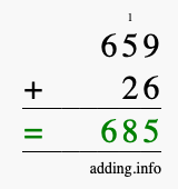 Calculate 659 + 26 using long addition