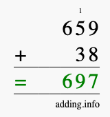 Calculate 659 + 38 using long addition