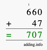Calculate 660 + 47 using long addition