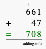 Calculate 661 + 47 using long addition