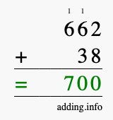Calculate 662 + 38 using long addition
