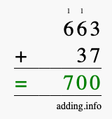 Calculate 663 + 37 using long addition