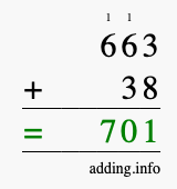 Calculate 663 + 38 using long addition
