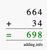 Calculate 664 + 34 using long addition