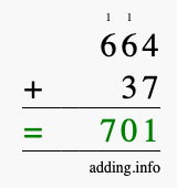 Calculate 664 + 37 using long addition