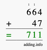 Calculate 664 + 47 using long addition