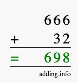 Calculate 666 + 32 using long addition