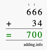 Calculate 666 + 34 using long addition