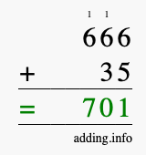Calculate 666 + 35 using long addition