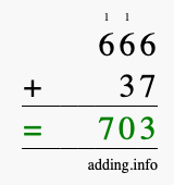 Calculate 666 + 37 using long addition