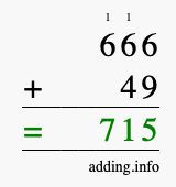 Calculate 666 + 49 using long addition
