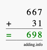 Calculate 667 + 31 using long addition