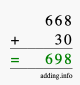 Calculate 668 + 30 using long addition