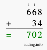 Calculate 668 + 34 using long addition